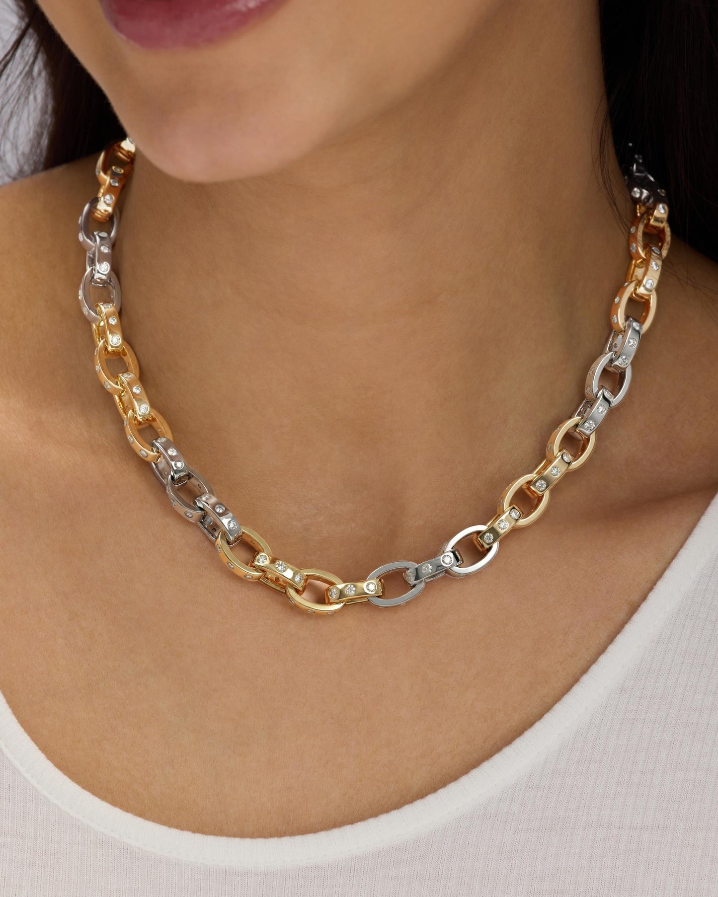 Ashley Chain Link Necklace 9mm - Mixed Metal|White Diamondettes