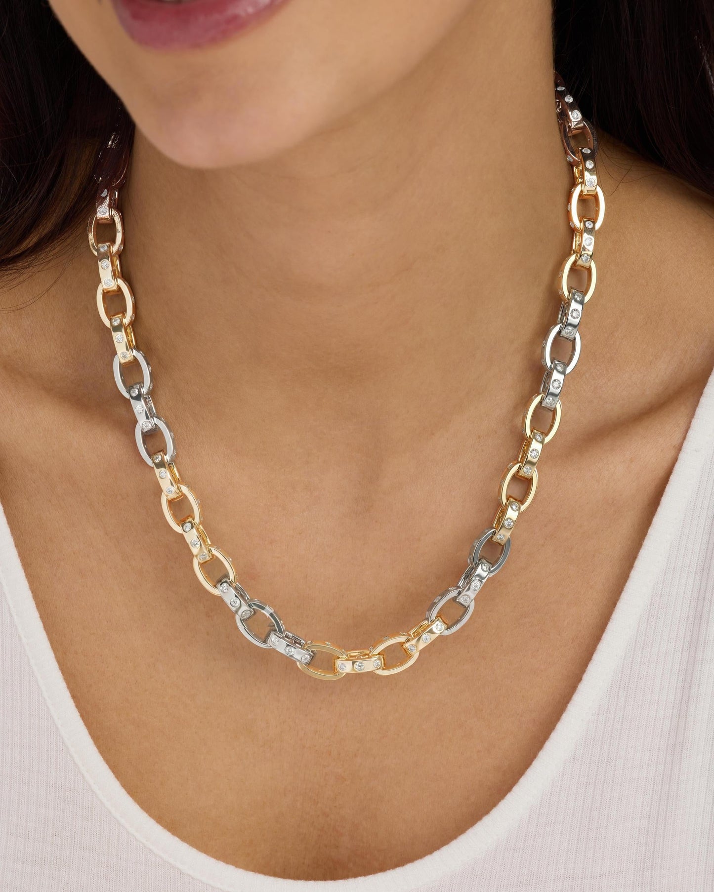 Ashley Chain Link Necklace 9mm - Mixed Metal|White Diamondettes