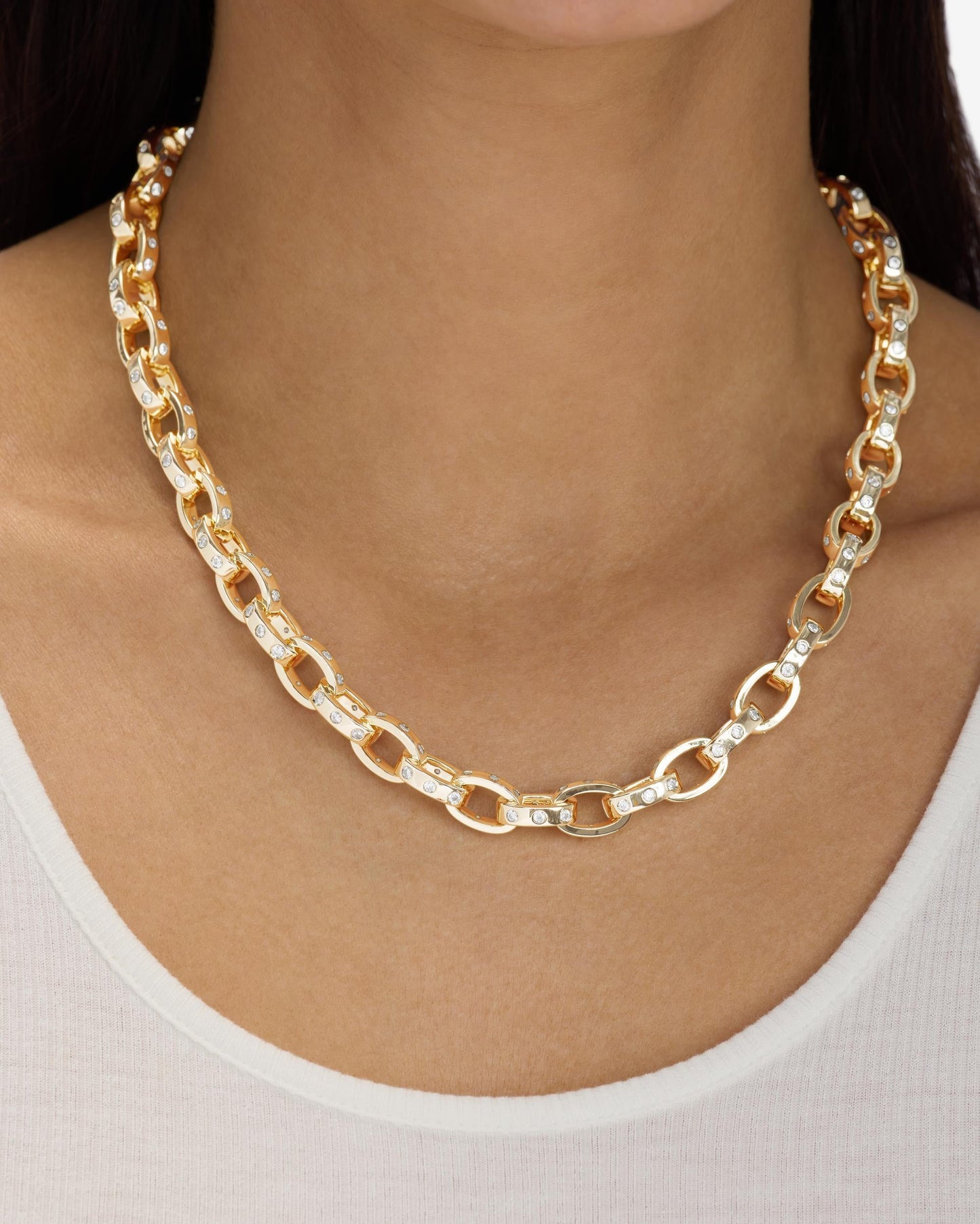Ashley Chain Link Necklace 9mm - Gold|White Diamondettes