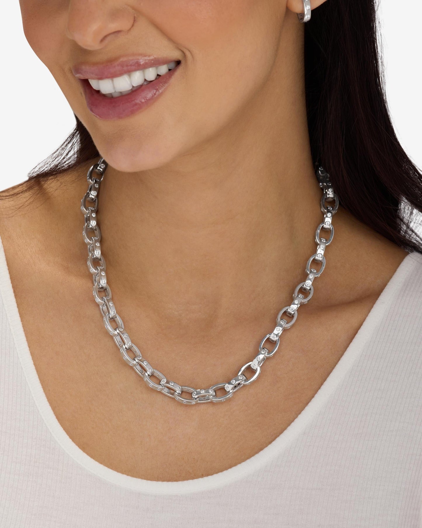 Ashley Chain Link Necklace 9mm - Silver|White Diamondettes