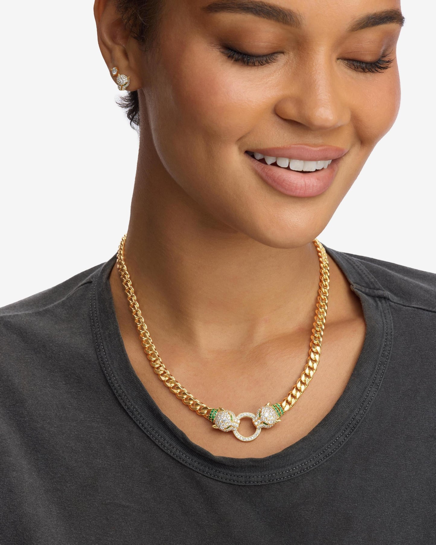 Jaguar Cuban Chain Necklace 6.8mm - Gold|White Diamondettes