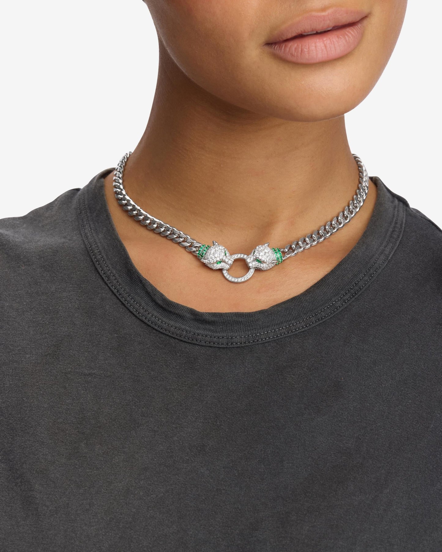 Jaguar Cuban Chain Necklace 6.8mm - Silver|White Diamondettes