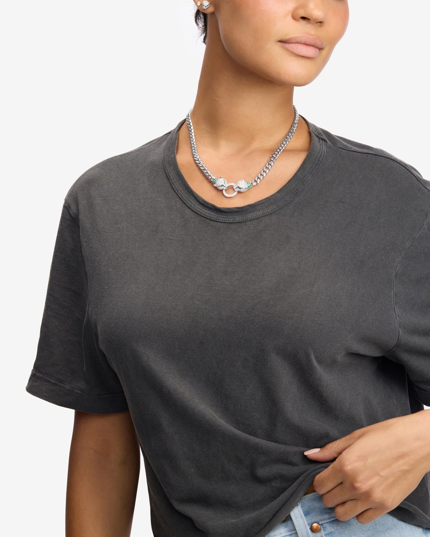 Jaguar Cuban Chain Necklace 6.8mm - Silver|White Diamondettes