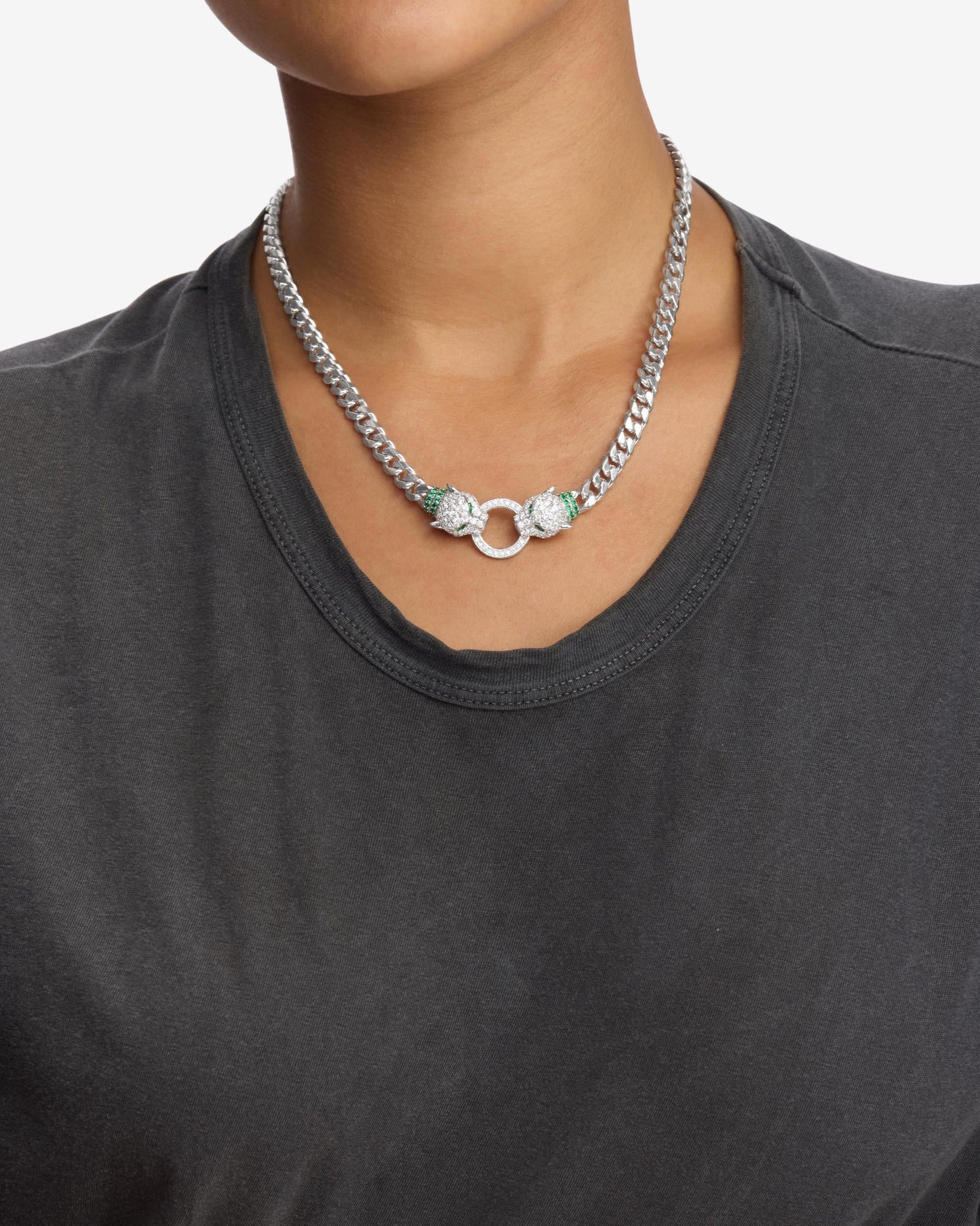 Jaguar Cuban Chain Necklace 6.8mm - Silver|White Diamondettes