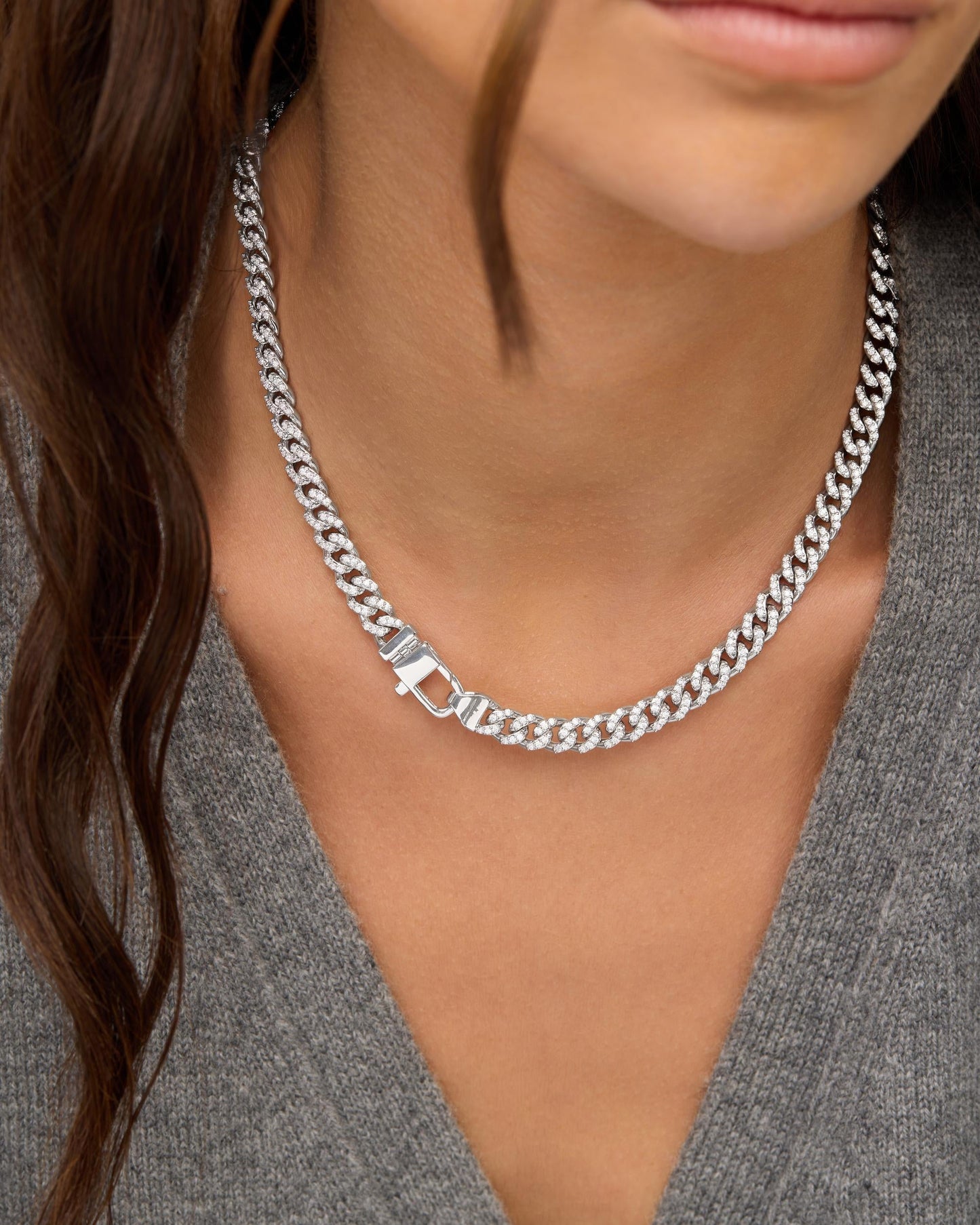 Pavé Julian Cuban Chain Necklace 6.8mm - Silver|White Diamondettes