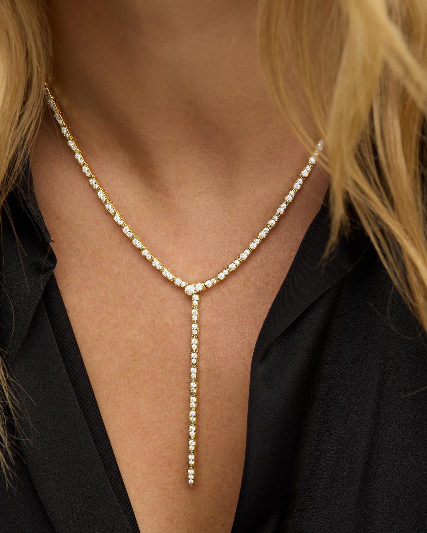 Pavé Serpent Lariat Necklace - Gold|White Diamondettes