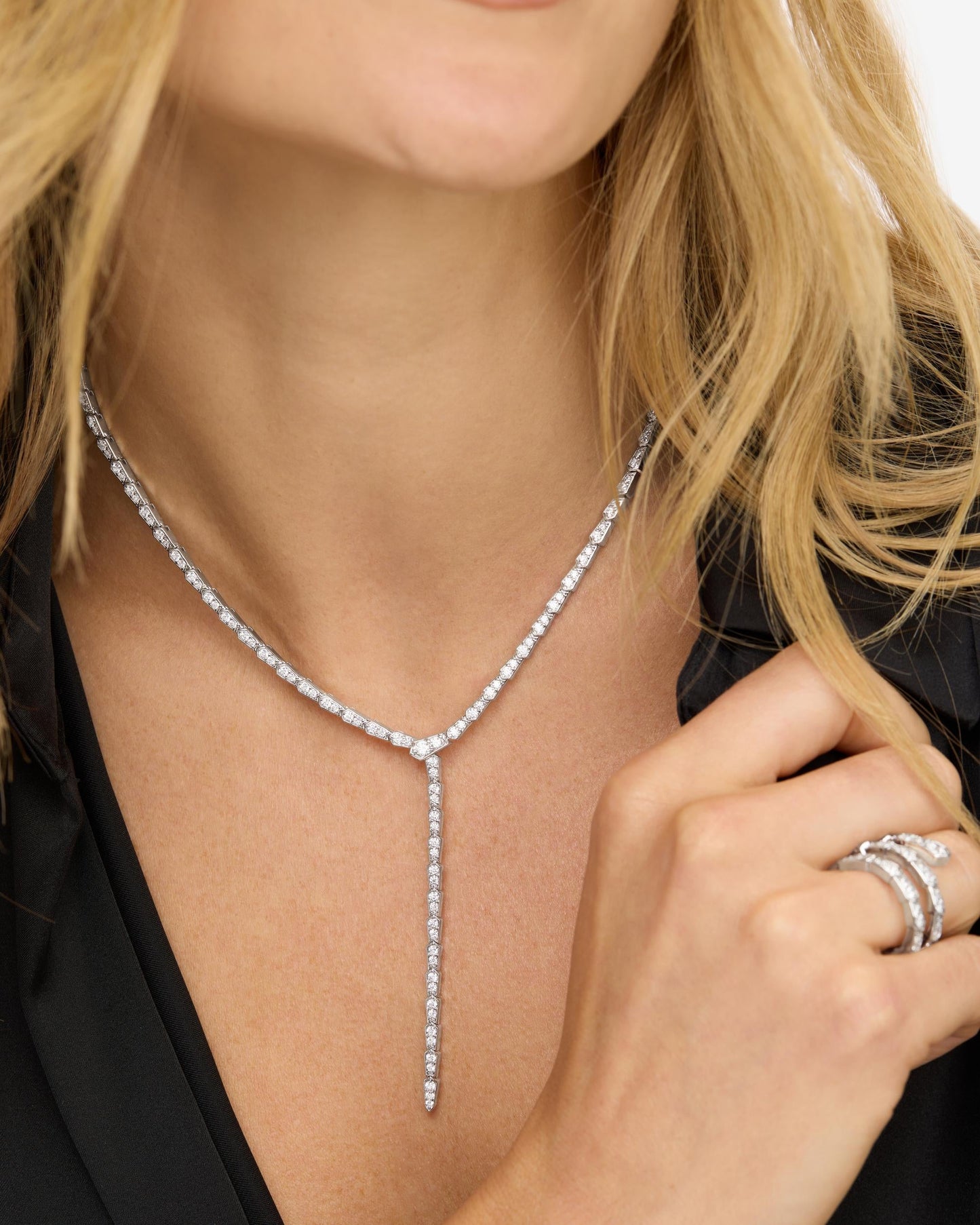 Pavé Serpent Lariat Necklace - Silver|White Diamondettes