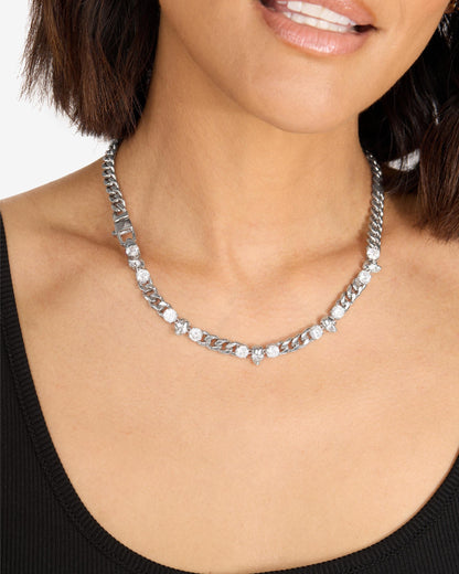 Ride or Die Cuban Chain Necklace 6.8mm - Silver|White Diamondettes
