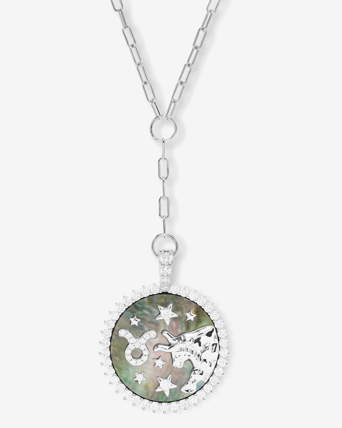 Zodiac Medallion Necklace - Silver|White Diamondettes