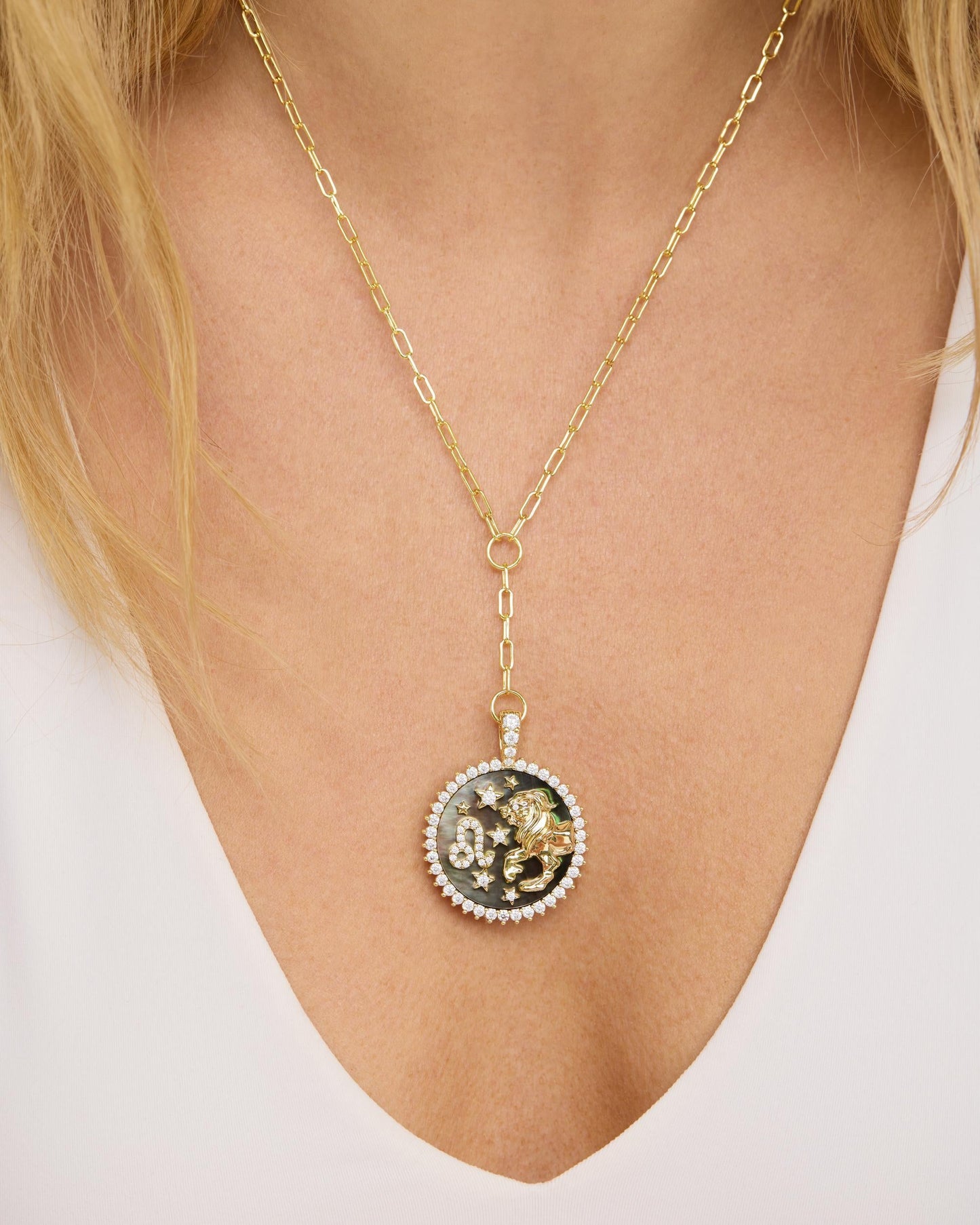 Zodiac Medallion Necklace - Gold|White Diamondettes