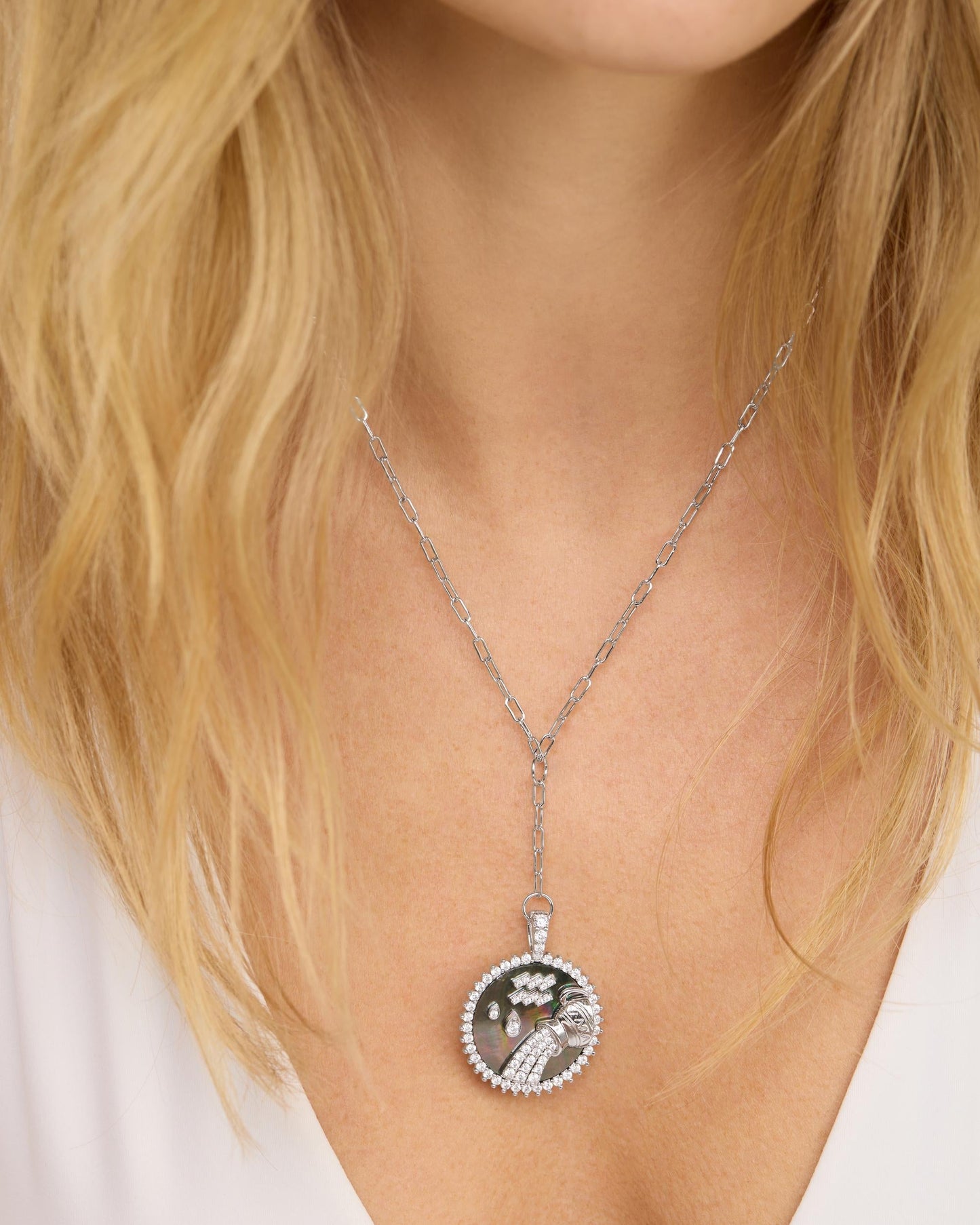Zodiac Medallion Necklace - Silver|White Diamondettes