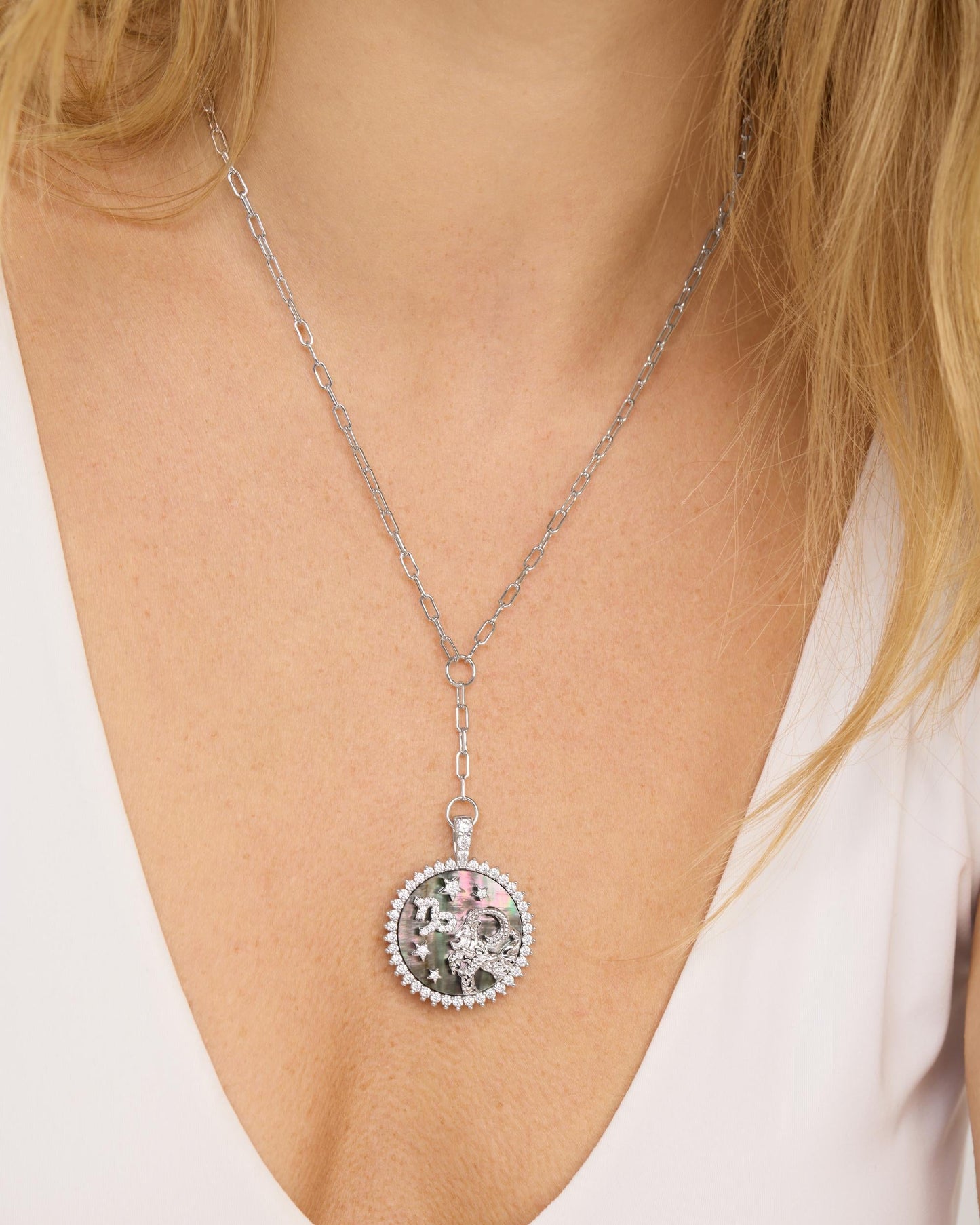 Zodiac Medallion Necklace - Silver|White Diamondettes